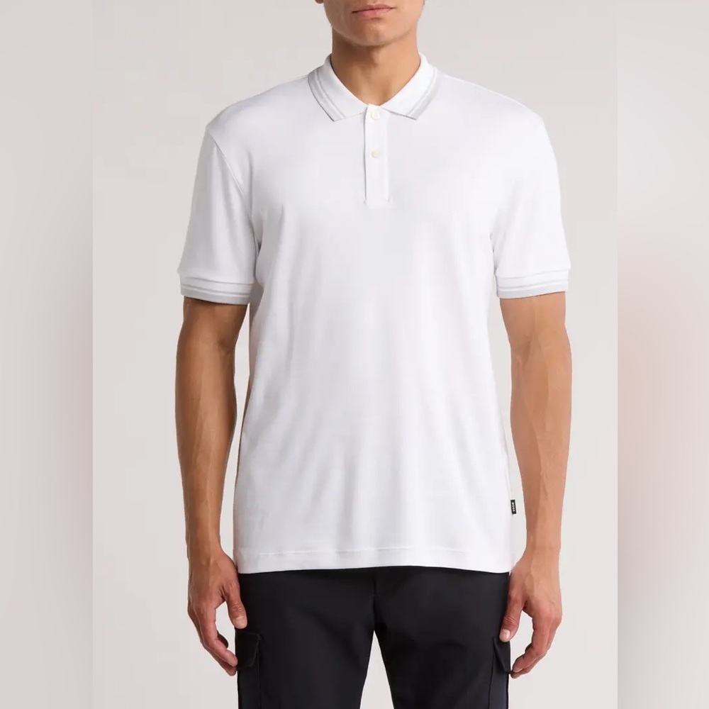 BOSS Parlay Tipped Cotton Polo Short Sleeve Shirt White Sz XXL